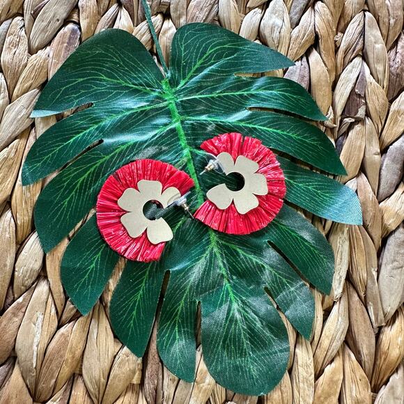 BOGO FREE Red fringe earthbound, golden floral summer earrings  - Picture 3 of 5
